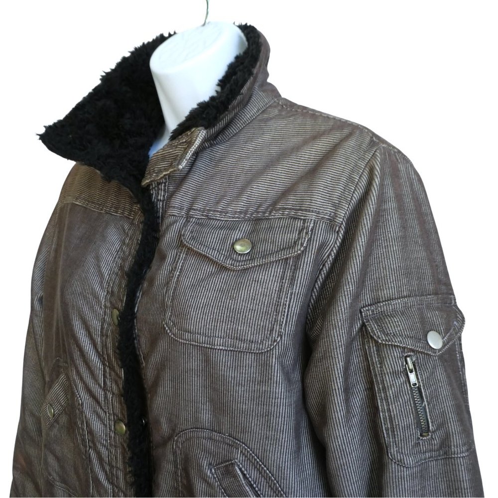 Vintage 90s Anchor Blue Black Sherpa Trucker Chore Jacket Snaps Plush Warm L